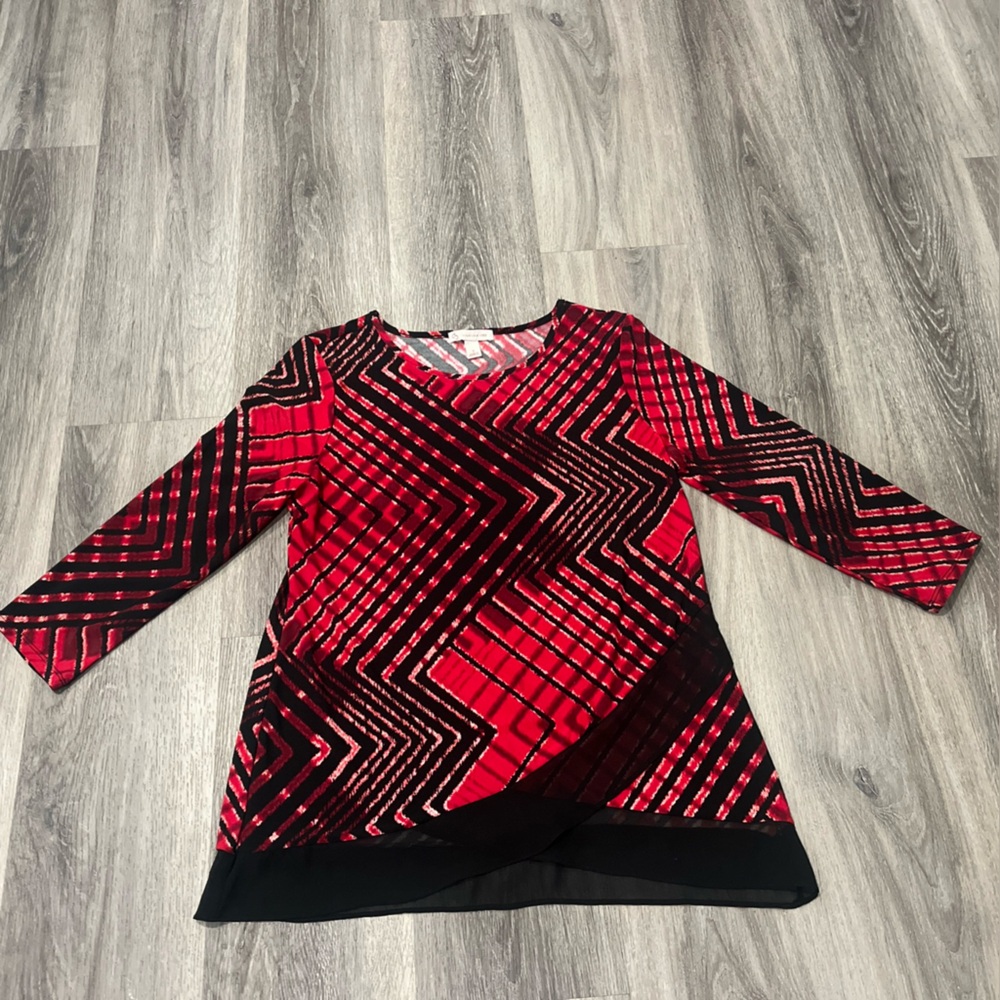 Dress Barn Red and Black abstract Long Sleeve Top size S